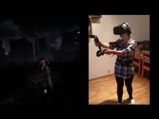 girl playing a horror game in a virtual reality helmet